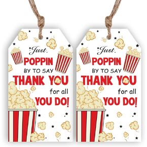 Serencatcher Popcorn Thank You Gift Tags with String, 50pcs Just Poppin by to Say Thank You for All You Do Tags Thanks for Popping by Favors Tags for Teacher Employee Appreciation Thanksgiving Day