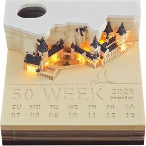 2025 التقويم المكتبي مع مصابيح LED ، نحت الورق 3D Castle Calendar Notepad ، المفكرة للدموع ، حرفة فن نحت الورق DIY للمدرسة/المنزل/المكتب (2025)