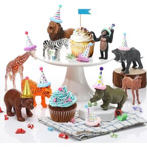 18 Pcs Jungle Animal Birthday Party Decorations Mini Birthday Hat Animal Figure Model Cake Toppers with Mini Hat for Birthday Party, Wild Animals Themed Party