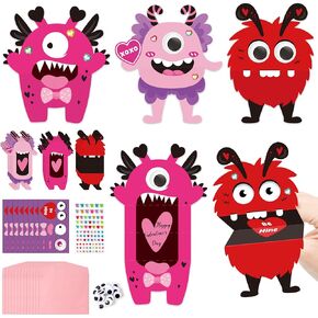 Watinc Valentine's Day Monster Puppet Kit - 24pcs اصنع وحشك مع الأظرف الوردية ، ومشروع بطاقات الورق في عيد الحب DIY Love Love For Scholarse Party Party Party Party