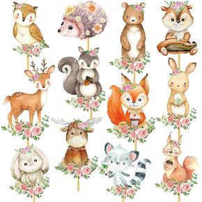 Woodland Party Centerpieces Decoration 24pcs Floral Woodland Animal Table Toppers for Woodland Baby Shower Centerpieces Decoration Forest Animal Birthday Party Supplies