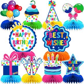 10 Pieces Happy Birthday Decorations Set,3D Table Toppers Double Sided Stand Cards for Birthday Party Supplies,Colorful Birthday Themed Honeycomb Centerpiece. (10 year old)