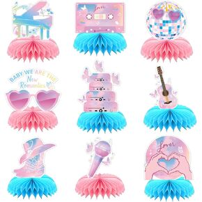 9pcs Singer Honeycomb Centerpieces Music Lover Birthday Party Table Decorations Lyrics Album Tabletop Centerpieces Blue Pink Table Topper Sign Decorations for Fans Birthday Celebration Party Supplies