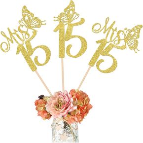 12 Pack Mis 15 Centerpiece Sticks, Happy 15th Birthday Party Decorations, Double Sided Gold Glitter Hello 15 Fabulous Table Toppers, Cheers to 15 Years Old Birthday Anniversary Party Decotations
