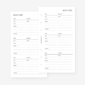 Personal Doctor Visits Planner Insert Agenda Refill for Filofax Personal, LV MM sized 6 ring agendas, 3.75 x 6.75