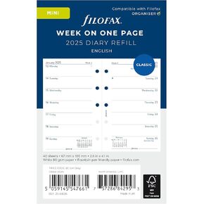 Filofax Calendar Diary Refill, Mini Size, Week on One Page, White Paper, Unruled, English, 2025 (C68126-25)
