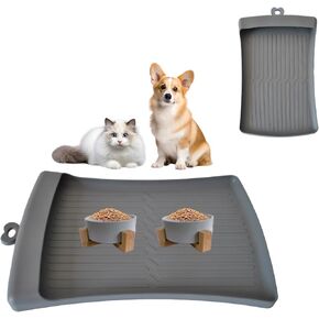 kathson Dog Cat Food Mat,19"x12" Silicone Cats Bowl Mat Pet Feeding Mats with Raised Edge and Pocket Prevent Spill Protect Floor Waterproof Dogs Feeding Placemat for Food and Water(Grey)