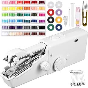 Honoson 61 Pieces Hand Sewing Machine, Mini Handheld Sewing Machine Electric Handy Single Handheld with Threads Tools for DIY Clothes Fabrics Home Travel (White)