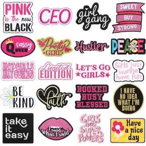 Lyrow 20 Pcs Phrase Iron on Patches Pink Patches for Hats Girls Power Embroidered Sew on Patch for Girls Women Jackets Backpacks Clothing DIY Accessories