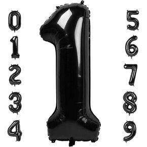 Number 1 Balloon 40 Inch Jumbo Mylar Foil Balloons for Girl Boy 1st 1 11 21 Birthday Decorations Baby Shower Photo Shoot, Black One Giant Balloons