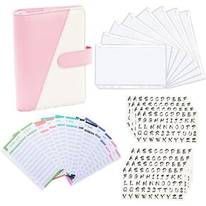Eage Cash Envelopes for Budgeting, Budget Binder, 29 Pcs A6 PU Leather Notebook Budget Binder Planner Organizer, 6 Ring Saving Binder for Bill Organizer, Pink White + Diy Stickers