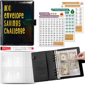 100 Envelopes Challenge Binder, A5 Money Saving Budget Binder with Cash Envelopes - Easy Fun Way to Save $5,050 Savings Challenges Book for Budget Planner & Saving Money (Colorful-black)