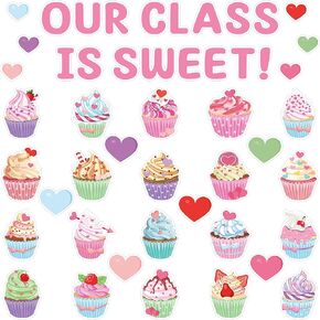 Valentine's Day Cupcake Bulletin Board Cutouts Classroom Decoration 85Pcs Our Class is Sweet Valentines Colorful Paper Cupcakes Hearts Cut Outs Birthday Bulletin Board Wall Blackboard Decor