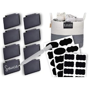 Melo Place 8 PCS Metal Black Clip On Label Holders for Basket Bins|24 Chalkboard Waterproof Stickers | 1 Premium Thick Chalk Marker | Ideal Home Organization Solution for Storage Pantry Shelf