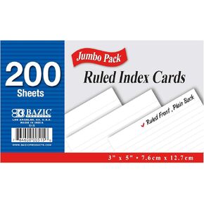 BAZIC 200 Ct. 3" X 5" Ruled White Index Card (515)