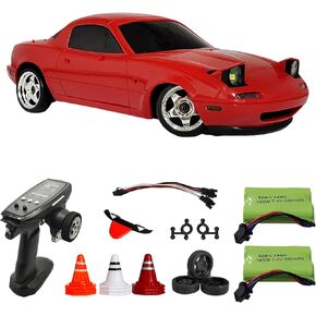 Skymaker LDRC MAZDA MX5 MIATA RC DRIFT CAR 1/18 ، 2.4 جيجا هرتز ينجرف مع أضواء المنبثقة الجيرو ، سيارة RWD DRIFT هدية للبالغين (أحمر مع بطاريتين)