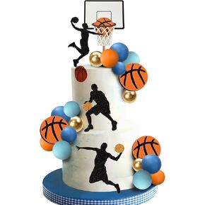 24 PCS Basketball Cake Toppers Blue Orange Basketball ball Themed Cake Decorations for Boy Sport Cake Party Decorations Sports Party Supplies