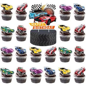 25 PCS سباق السيارة موضوع كعكة عيد ميلاد Topper و Cupcake Toppers مجموعة ، لوازم حفلة عيد ميلاد للأطفال ، زينة كعكة عيد ميلاد