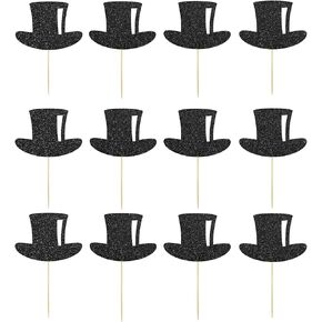 24PCS Glittery Top Hats Cupcake Toppers, Magic Hat Themed Dessert Decor, Birthday Party Supplies, Funny Food Picks - Black