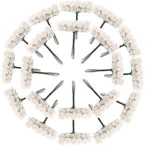 CCINEE 144pcs Mini Paper Flowers,Mulberry Paper 1/2" Artificial Rose Flower with Stem for DIY Crafts Projects Scrapbooking Wedding Decorations (White)
