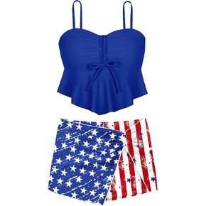 Girls Swimsuit Solid Tankini Palm Tree Shorts 2 Pcs Set Adjustable Straps Padded Swimsuits for Teen Girls Bathing Suit