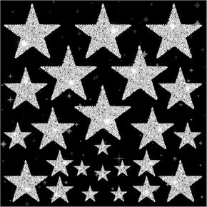 24 Pcs Star Patch, Silver Star Patches Adhesive Glitter Star Iron on Patches, Applique Hot Glue Rhinestone Stars for Clothing Jeans Bags Hats Repair Decoration (4 Size)