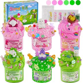 LAWOHO 6 Packs Bunny Slime Kit - Cloud Slime, Butter Slime & Clear Slime, Crunchy Slime with Easter Slime Add-ins, Fluffy Slime Kits for Girls & Boys, 360ml Pink & Green Easter Slime Making Kit