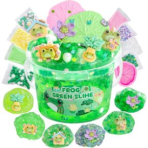 LAWOHO Frog Clear Slime 300ml, Green Clear Slime Kit for Girls Ages 8-12 with 8 Packs Slime Add-Ins, Slime for Kids Party Favors, Non Stick Slime with Clay, Halloween St. Patrick's Day Easter Gifts