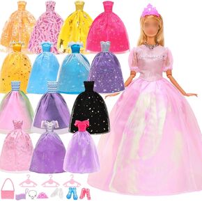 15 PCS Doll Clothing and Accessories Handmade 4 Random Fashion Party Dress Wedding Gowns 10 Accessories Shoes Bags Necklace Crown Play Set Doll Clothes Hangers
