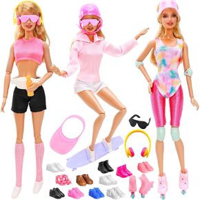 26 PCS Doll Clothes and Accessories Rollerskating Set with Skates, Helmet, Sun Hat Swimsuit Hoodies Fashion Top and Pants Stockings Dolls Bag Shoes Headset Glasses for 11.5 Inch Girls Doll