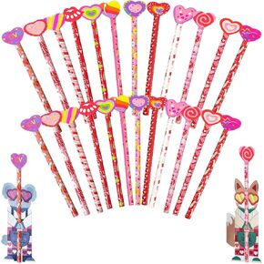 48 Pack Valentine's Day Pencils Set 24 Valentines Pencils with Giant Erasers 24 Valentines Day Cards Gifts for Classroom Exchange Gift