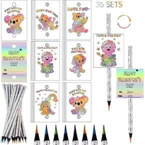 Tenceur 36 Set Valentines Gift Holographic Iridescent Rainbow Pencils for Kids with Happy Valentine Cards 7 Color in 1 Colored Pencils for Girl Boy School Classroom Art Drawing