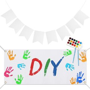 DIY Blank Banners Set, Burlap Banner Flags Custom Pennant Garland for Indoor Outdoor Display Birthday Party(White)