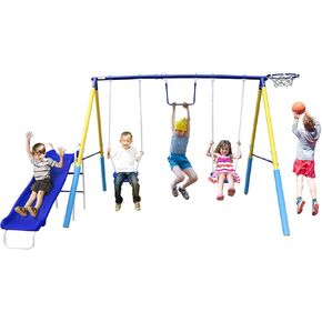 440lbs Swing Sets for Backyard with Slide, 5-in-1 Heavy Duty Metal Swing Frame with Two Swing Seats, Gymnastics Rings, Basketball Hoop, Indoor Outdoor Playground Playset, Swing Set for Kids Toddlers