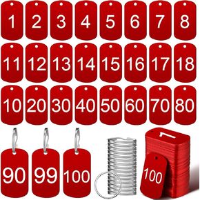 100 PCS علامات رقم الألومنيوم مع حلقات المفاتيح رقم 1-100 علامات مفتاح معدني لتحديد هوية فندق Lochers House House (Red)