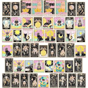 50 Pcs Tarot Card Pins Black Tarot Cards Enamel Pin Cute Brooch Pins Set Halloween Creative Divination Lapel Pins Moon Star Sun Lapel Badge for Backpacks Bag Clothing Decor Gift(Cat Moon)
