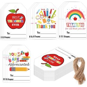 Teacher Appreciation Gift Tags with String 3.3x2.2 inch Colorful Thank You Teacher Presents Tags Teachers Day Name Gift Tags for Party, Teacher Appreciation Week, Back to School Gifts 50pcs