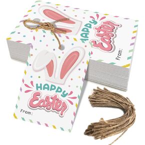 Happy Easter Bunny Gift Tags, 50 Pcs Easter Rabbit Hanging Gift Tags Labels with String for Easter Party Decoration (HAPPY EASTER)