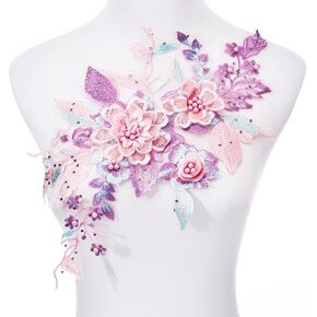 Handmade 3D Embroidered Flower Fabric Beaded Lace Applique, DIY Sewing Tool for Wedding Bridal Gown Floral Clothing Patch Decoration（Purple + Pink）