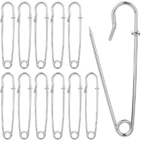 12 Pack Safety Pins, 2.3" Large Safety Pins Bulk, Heavy Duty Safety Pins, Safety Pins for Clothes, Safety Pin for Clothes Leather Canvas Blankets Crafts Skirts Kilts, Silver