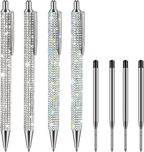 Ireer 4 Pcs Bling Rhinestone Sparkly Pens for Women Diamond Ink Crystal Glitter Metal Ballpoint Bedazzled Fancy Pens 4 Pcs 1.0mm Refills(Silver, AB Silver) in Kuwait