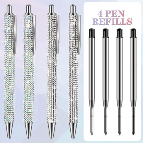 Ireer 4 Pcs Bling Rhinestone Sparkly Pens for Women Diamond Ink Crystal Glitter Metal Ballpoint Bedazzled Fancy Pens 4 Pcs 1.0mm Refills(Silver, AB Silver) in Kuwait