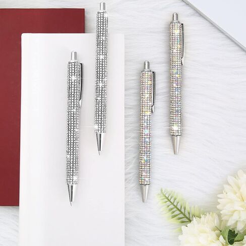 Ireer 4 Pcs Bling Rhinestone Sparkly Pens for Women Diamond Ink Crystal Glitter Metal Ballpoint Bedazzled Fancy Pens 4 Pcs 1.0mm Refills(Silver, AB Silver) in Kuwait