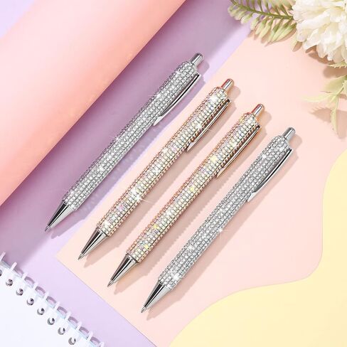 Ireer 4 Pcs Bling Rhinestone Sparkly Pens for Women Diamond Ink Crystal Glitter Metal Ballpoint Bedazzled Fancy Pens 4 Pcs 1.0mm Refills(Silver, AB Silver) in Kuwait