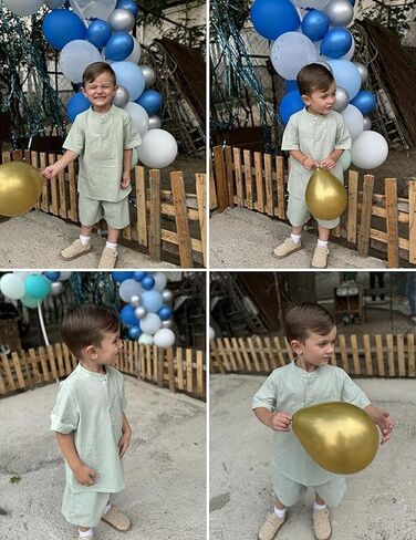 مجموعة Arshiner Boy's قطعتين من القطن والكتان قمصان هينلي كاجوال بأكمام قصيرة شورتات للشاطئ ملابس صيفية in Kuwait
