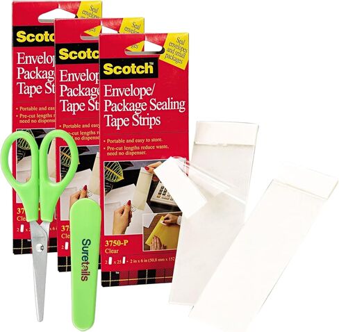 Scotch Envelope/Package Sealing Tape Strips 2" x 6" Clear 50 Per Pack Bundle with Suretails Paper Scissor (3750P2CR) [Pack of 3] in Kuwait