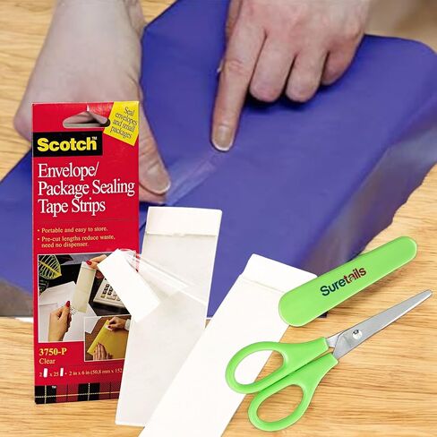 Scotch Envelope/Package Sealing Tape Strips 2" x 6" Clear 50 Per Pack Bundle with Suretails Paper Scissor (3750P2CR) [Pack of 3] in Kuwait