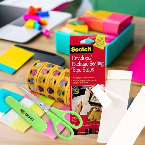 Scotch Envelope/Package Sealing Tape Strips 2" x 6" Clear 50 Per Pack Bundle with Suretails Paper Scissor (3750P2CR) [Pack of 3] in Kuwait