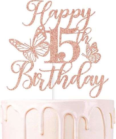 Rose Gold Glitter Happy 15th Birthday Cake Topper, Butterfly Mis 15/Cheers to 15 Years, Butterfly Themed 15th Birthday Party Decorations for Girls in Saudi Arabia