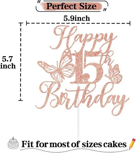 Rose Gold Glitter Happy 15th Birthday Cake Topper, Butterfly Mis 15/Cheers to 15 Years, Butterfly Themed 15th Birthday Party Decorations for Girls in Saudi Arabia